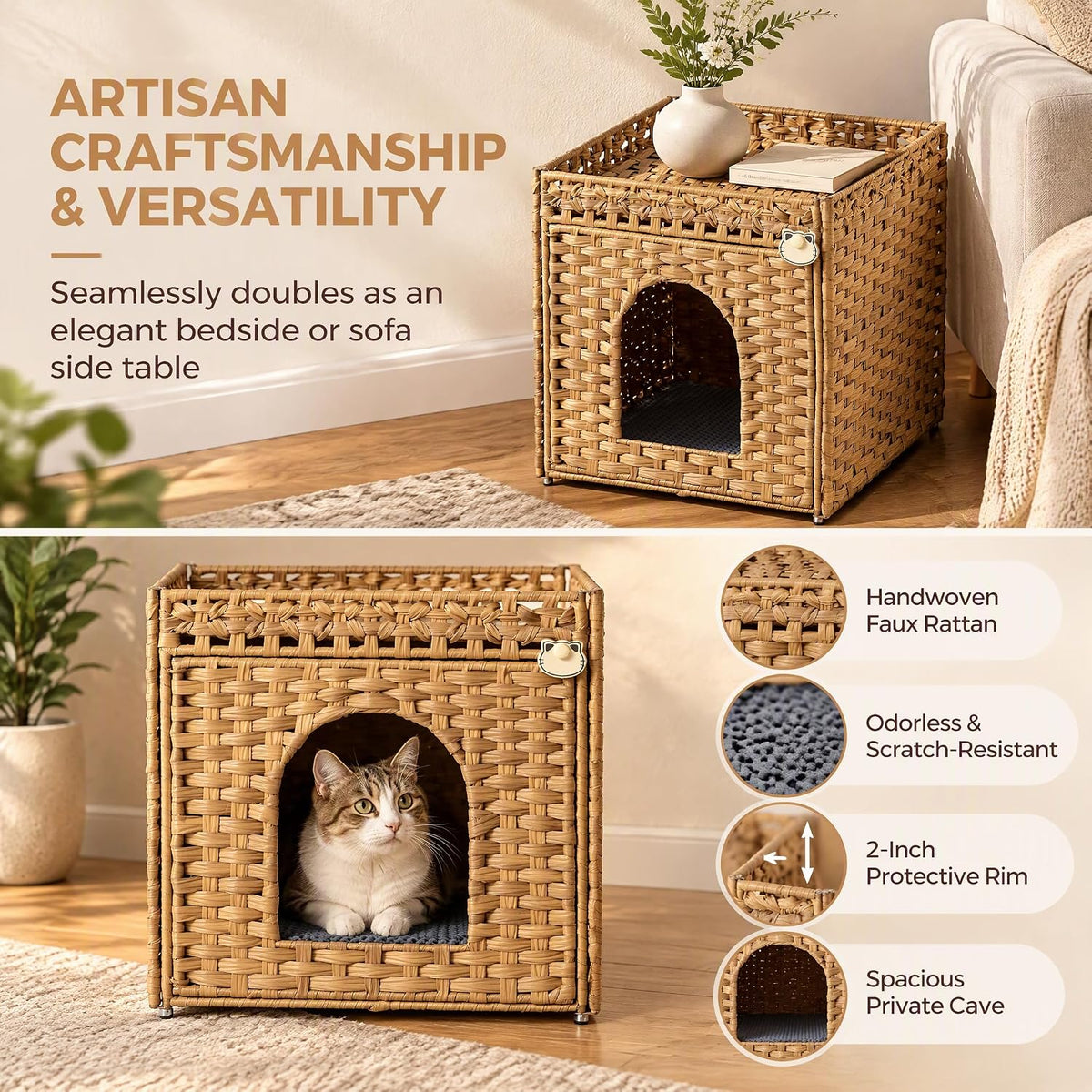 Cat Litter Box Enclosure, Extra Large Hidden PE Rattan Natural,Spacious Double Door PE Rattan Cat Washroom Bench, Side Table Look, Metal Frame