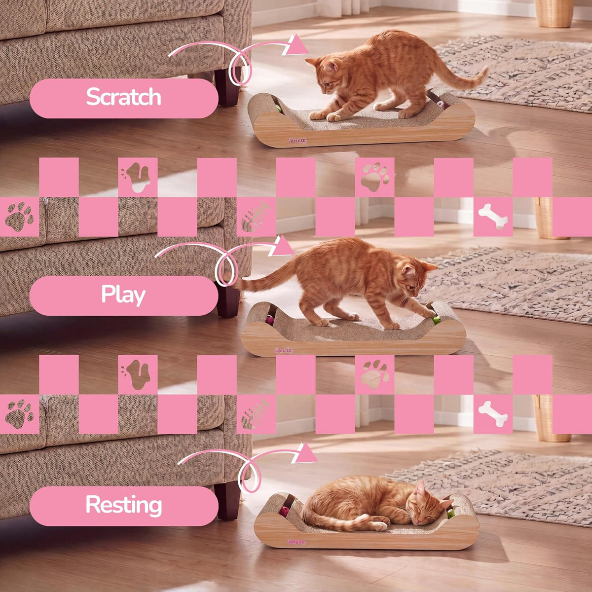 Rini 23.75" Modern Corrugated Cardboard Lounge Bed with Built-in Bell Toys and Catnip, Ergonomic Curved Sofa Scratcher for Indoor Cats, Oak Wood Finish CSR1003C