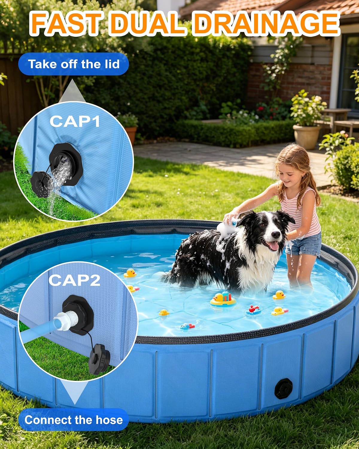 Instraella 79"x16" Dog Pool for Large Dogs, Heavy Duty Hard-Side Foldable Pet Pool, Non-Slip Collapsible Dog Bathing Tub with Drain, Portable Kiddie & Dog Swimming Pool for Outdoor & Indoor Use