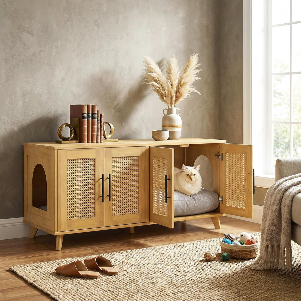 Christopher Knight Home Conmeo Cat Litter Box Enclosure with Plush Cushion, Rubber Wood Hidden Litter Box Cabinet with Breathable Rattan Mesh Doors, Indoor Pet House, Functional Sideboard, Walnut