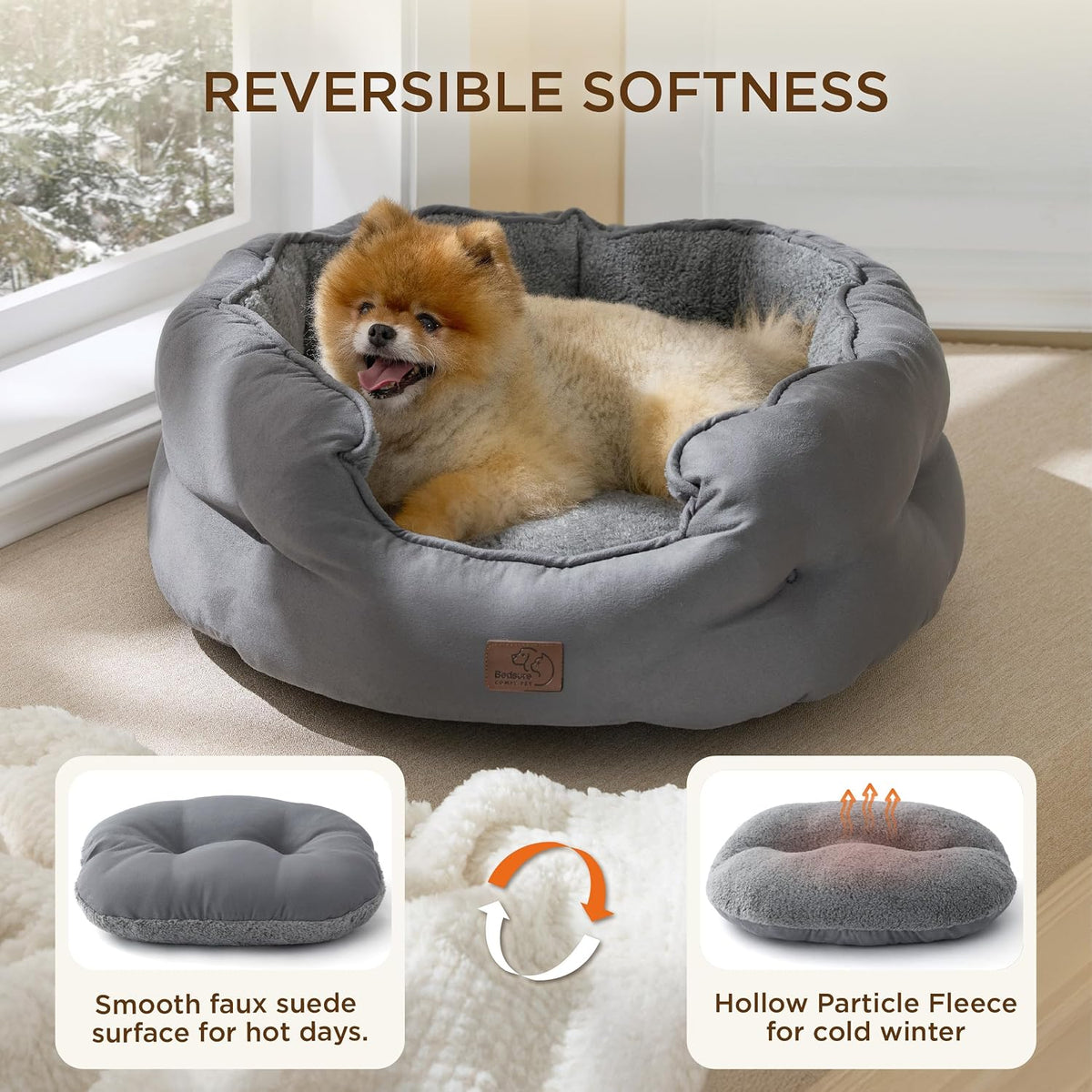 Bedsure Self Warming Cat Bed,Round Washable Small Dog Bed, 25In Grey