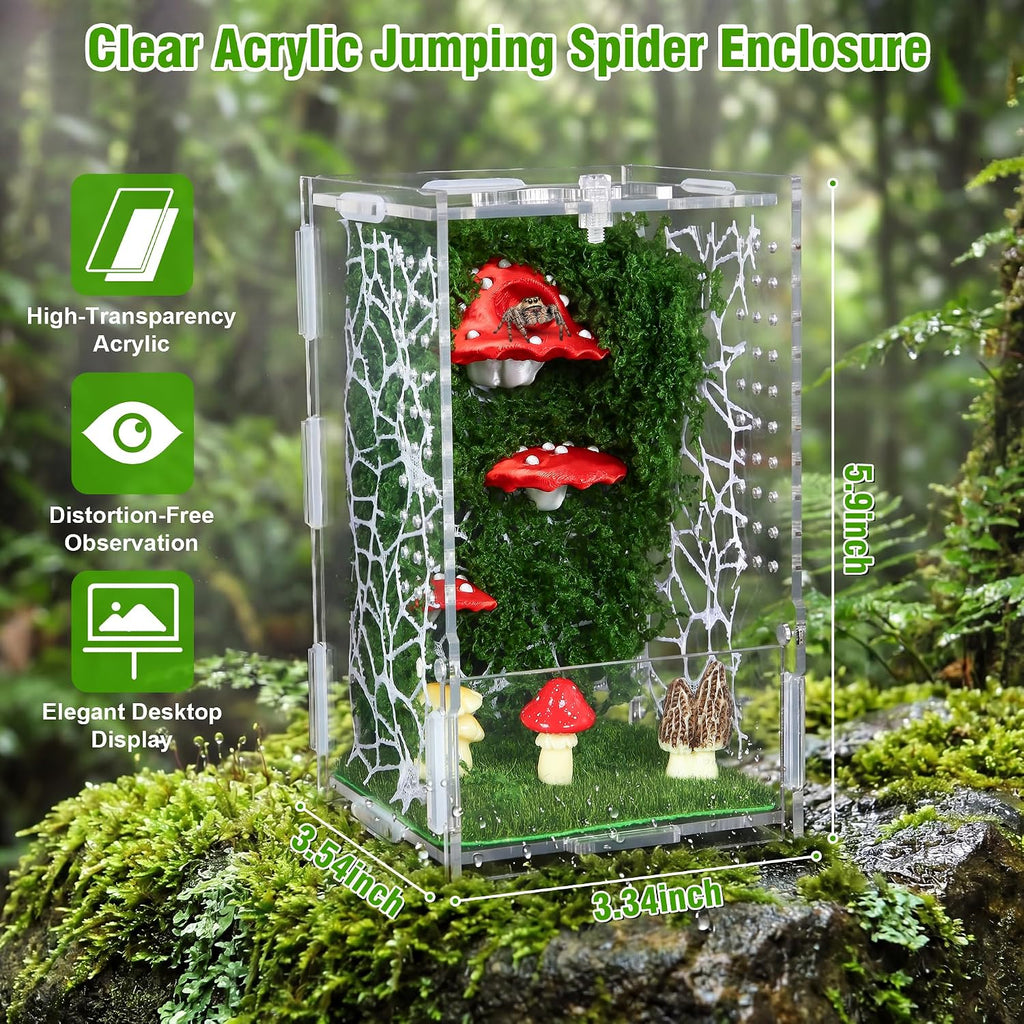 Escape-Proof Jumping Spider Enclosure Kit, Clear Acrylic Terrarium with Micro Vents and Front Opening, 3D Printed Detachable Magnetic Mushroom Hide Decor for Jumping Spiders, Tarantulas & Mantis