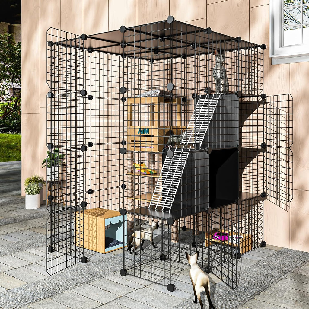 PAWING Large Cat Cage Indoor - Metal Wire Cat Enclosure with Storage Cube, Detachable Kitty Cage with Platform for 1-3 Cats, 3x3x4 Spacious Cat Kennel