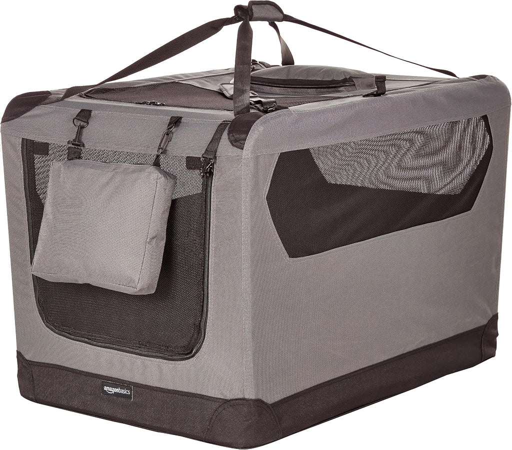 Amazon Basics Portable Folding Soft Pet Dog Crate Carrier Kennel for Large Dogs, Easy to Clean, 36 x 24 x 24 inches, Grey