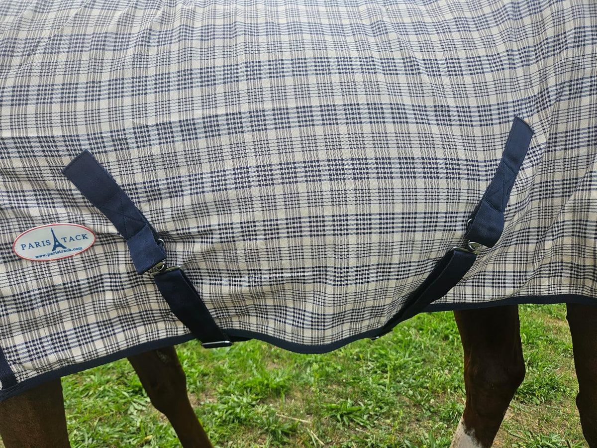 Navy Beige Plaid Horse Stable Sheet with Front Gussets, Lightweight Polyester Sheet for Horses, Travel, Stable & Show Use (Navy Beige Plaid, 72")