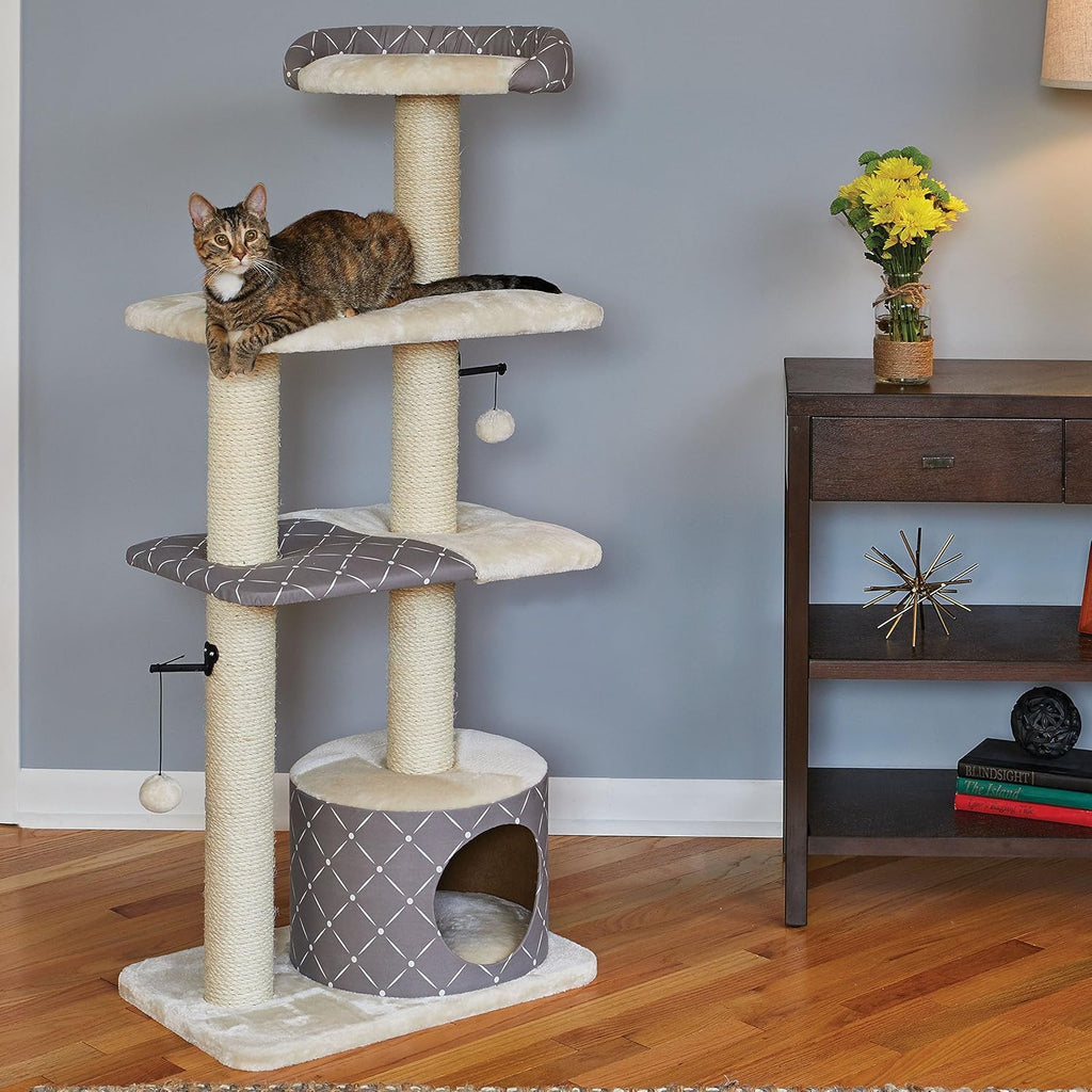 MidWest Homes for Pets Cat Tree | Tower Cat Furniture, 5-Tier Cat Tree w/Sisal Wrapped Support Scratching Posts & High Cat Look-Out Perch, Mushroom/Diamond Pattern, Large Cat Tree