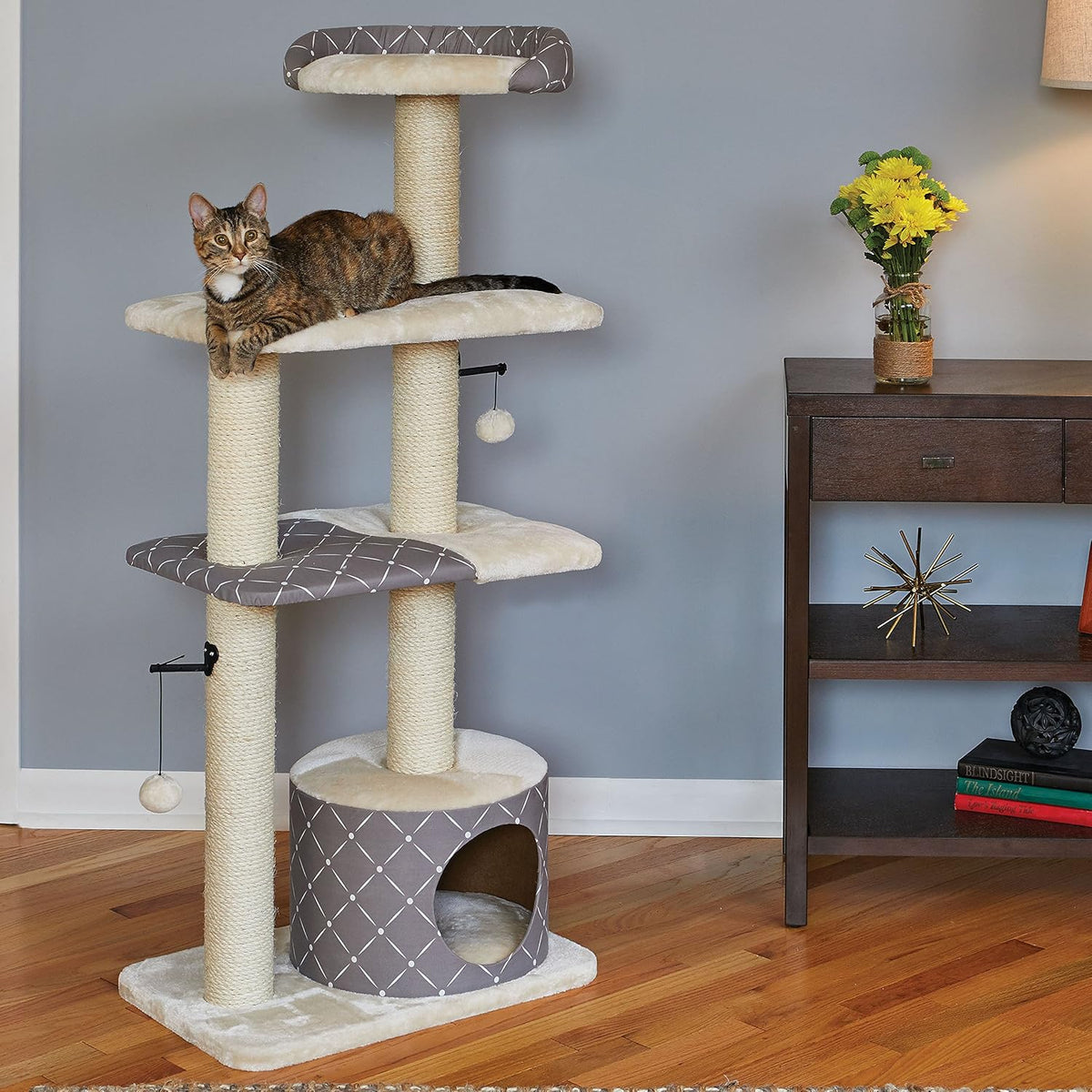 MidWest Homes for Pets Cat Tree | Tower Cat Furniture, 5-Tier Cat Tree w/Sisal Wrapped Support Scratching Posts & High Cat Look-Out Perch, Mushroom/Diamond Pattern, Large Cat Tree