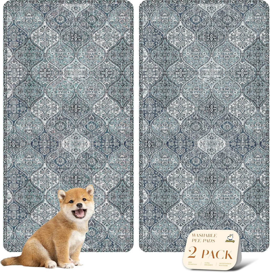 nunubaby Washable Pee Pads for Dogs, Stylish, Non-Slip and Leak-Proof Pee Pads. Reusable Potty Pads for Dogs for Crates and Floors.(Blue/Multi, 24" x48" )