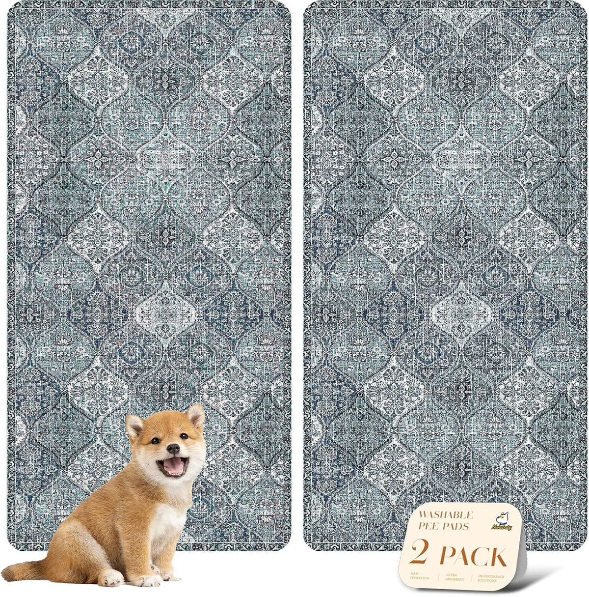 nunubaby Washable Pee Pads for Dogs, Stylish, Non-Slip and Leak-Proof Pee Pads. Reusable Potty Pads for Dogs for Crates and Floors.(Blue/Multi, 24" x48" )