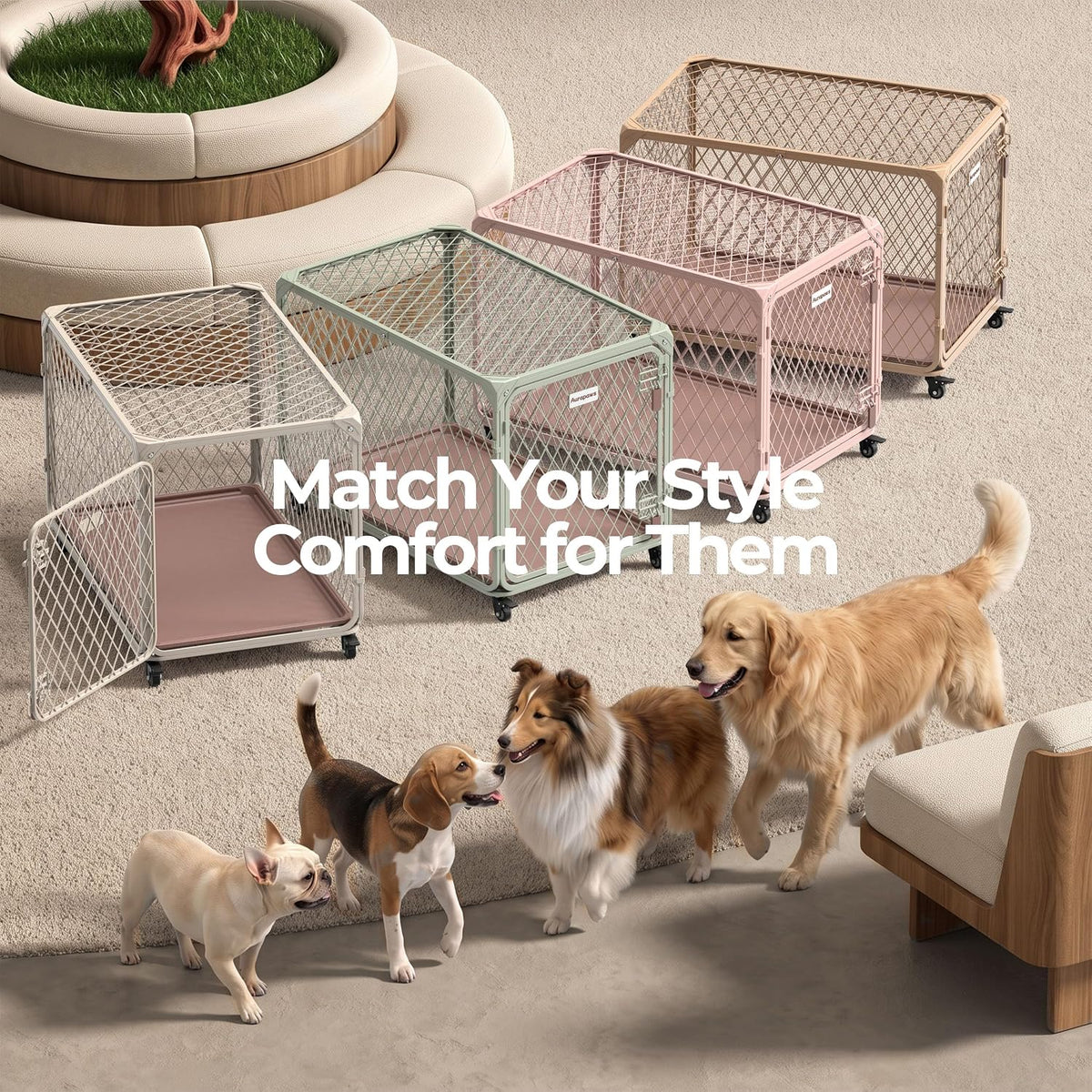 36 Inch Medium Dog Crate with Lockable Wheel, Diamond Mesh Metal Dog Crates for Medium Dogs,up to 100 lbs, Leak-Proof Tray, Easy Assembly&Lightweight Pet Dog Kennel Cage, Light Pink